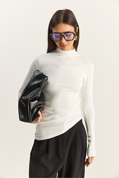 Bianco Lucci Γυναικεία μπλούζα με μαλακή αφή με μισό ζιβάγκο με κορδόνια Basic 1014 60283889