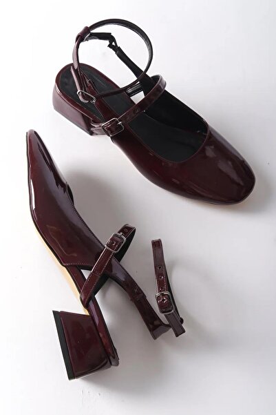 asmi shoes Women's Jeyn Claret Red Patent Leather Square Toe Helmet Short Block Heeled Shoes