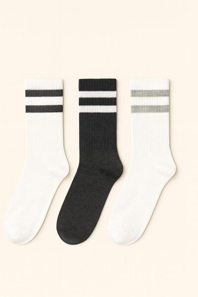Katia&Bony Unisex 3-Piece Line Patterned Socks White Mix
