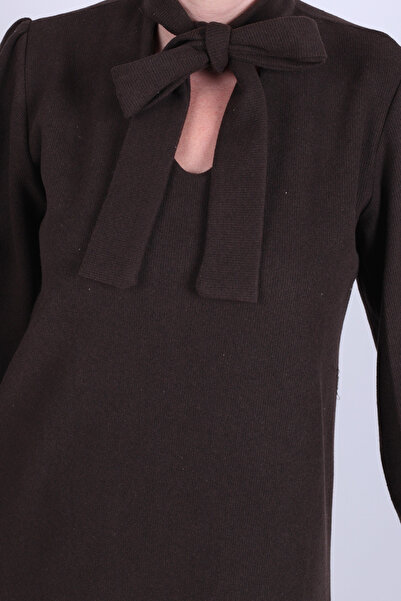 armonika Women's Dark Brown Collar Tie Elasticated Sleeves Velvet Dress Arm-25K001087