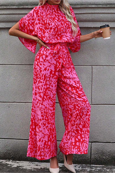 WildFashion Elegant/casual short-sleeved jumpsuit, made of lightweight material with abstract print, Fuchsia A865-55