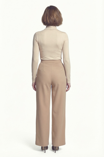 armonika Women's Beige Stretch Fabric Pleated Velcro Closure Palazzo Pants Arm-26K001059