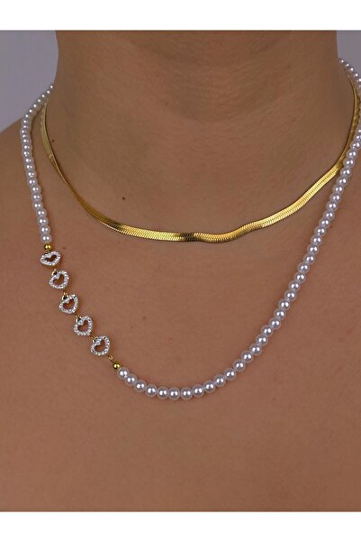 Jewelliss طقم قلادة إيطالي بتصميم قلب بسيط مع لؤلؤ، مطلي بالذهب المقاوم للصدأ