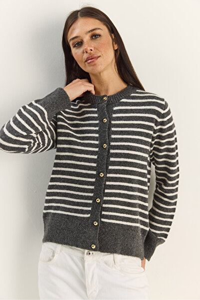 Bianco Lucci Women's Gold Button Detailed Thin Striped Crew Neck Knitwear Cardigan Th251095 60283883