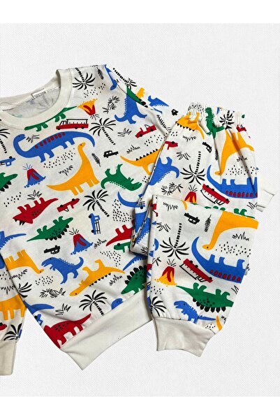 Pajama Shop Boys' Cotton Fabric White Color Fleece-Lined Dinosaurs Patterned Long Sleeve Winter Pajamas Set