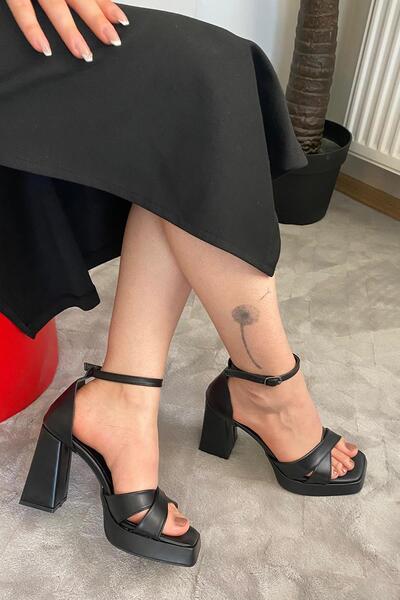 asmi shoes Women's Luci Black Skin Cross Banded 10 cm Platform Heeled Shoes