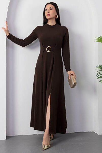 PULLIMM Mock Neck Long Sleeve Buckle Acrylic Dress 2025-4407