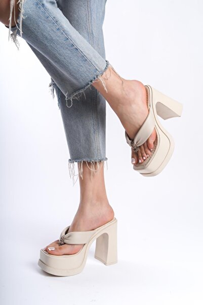 asmi shoes Flip-flops Geyala bej pentru femei (12 cm) Papuci cu toc cu platformă