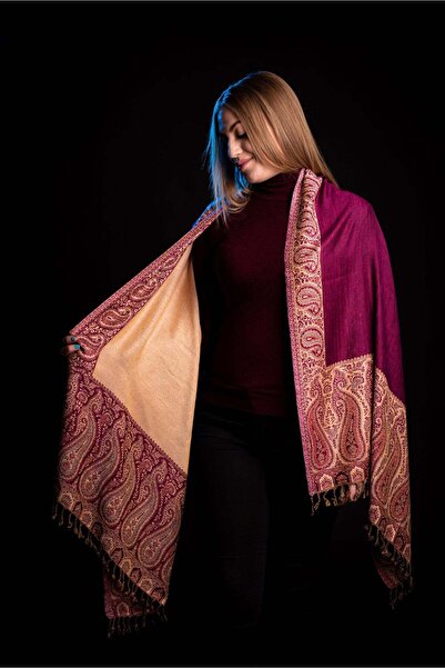 Cara Eșarfă casmir rosu burgundy reversibilă Paisley Oriental Floral India