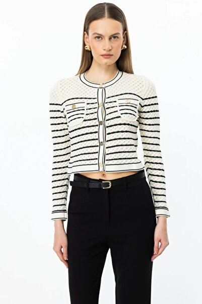 Nazen Giyim Striped Crop Cream Women's Cardigan 53901-2Y5