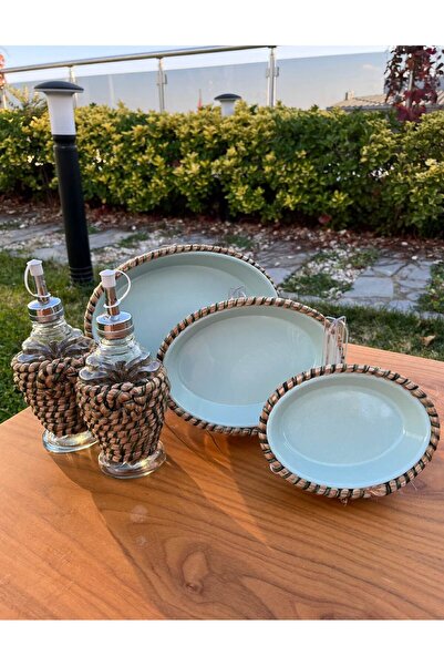 Home Inn Home Textile Hasır Görünümlü Leke Tutmaz 5’li Sofra Seti – Yağlık & Sirkelik Dahil El Yapımı Sunum Takımı