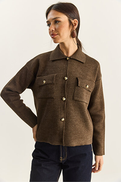 Bianco Lucci Women's Gold Button Detailed Pocketed Knitwear Cardigan Th251074 60283884