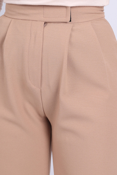 armonika Women's Beige Stretch Fabric Pleated Velcro Closure Palazzo Pants Arm-26K001059