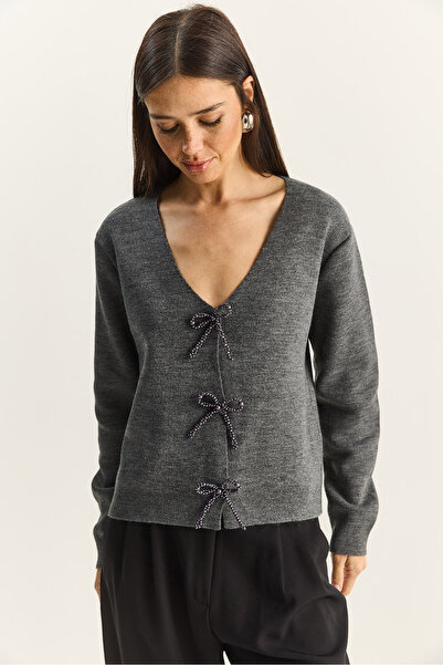 Bianco Lucci Women's Pearl Bow Accessory V-Neck Knitwear Cardigan Th251070 60283885