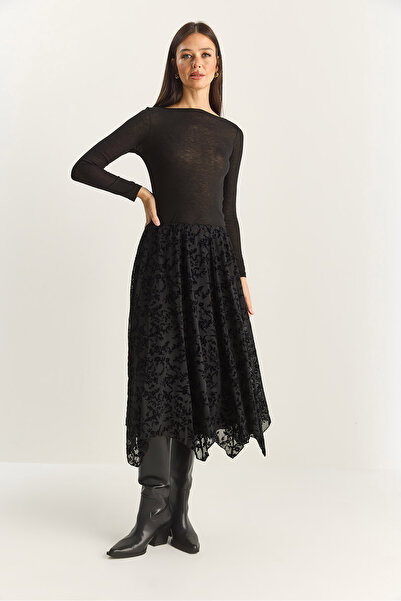 Bianco Lucci Women's Velvet Patterned Lined Asymmetrical Cut Elastic Waist Midi Skirt De251125 60283880