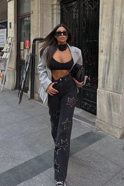 UNBOX Star Pattern Crop Straight Jeans Black