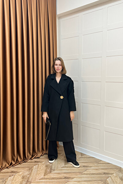 Stilife Parya Omuz Detay Kaşe Kaban Siyah