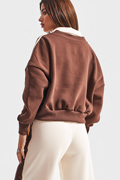 its basic Γυναικείο καφέ μπεζ w5-16 Φούτερ και παντελόνι αθλητικής φόρμας 2 τεμαχίων σε συνδυασμό σχεδίου