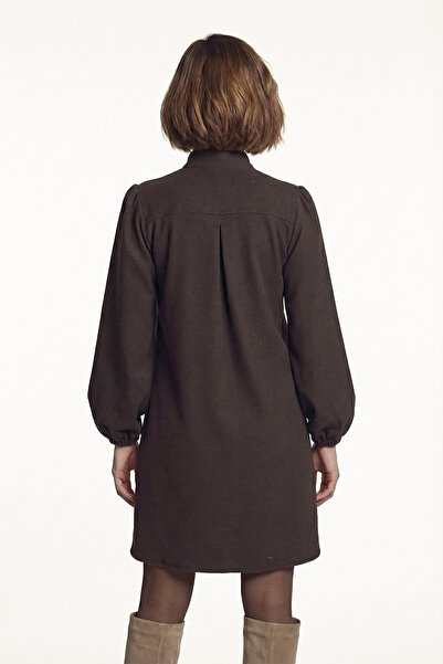 armonika Women's Dark Brown Collar Tie Elasticated Sleeves Velvet Dress Arm-25K001087