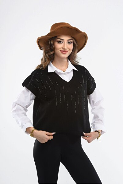 H&E LUXURY DESIGN Women's V-Neck Stone Detailed Comfortable Sweater