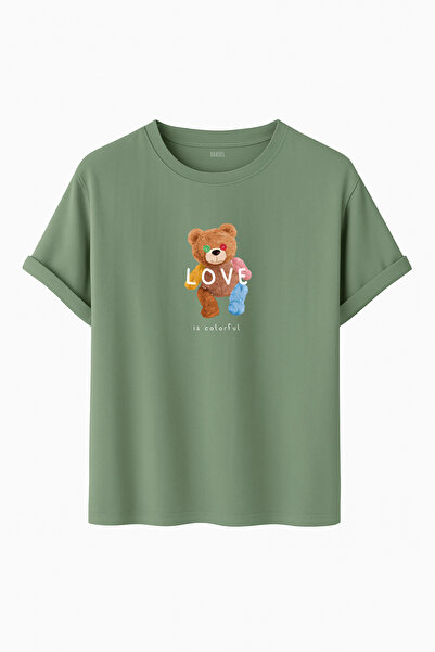DK DAKSEL تي شيرت "الحب ملون" تيدي بير الملون مطبوع قصة فضفاضة مقاس عادي للجنسين