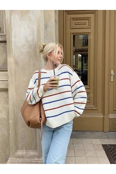 Dier Moda Pulover tricotat pentru femei supradimensionat – cu dungi de culoare albă, textura confortabilă și moale Fmoda1989