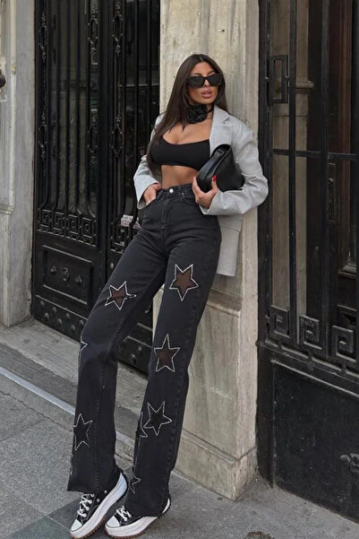 UNBOX Star Pattern Crop Straight Jeans Black
