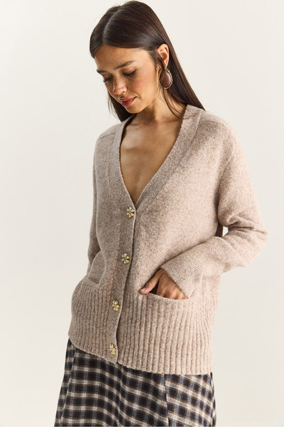 Bianco Lucci Women's V-Neck Stone Button Pocketed Soft Textured Knitwear Cardigan 2444 60283874