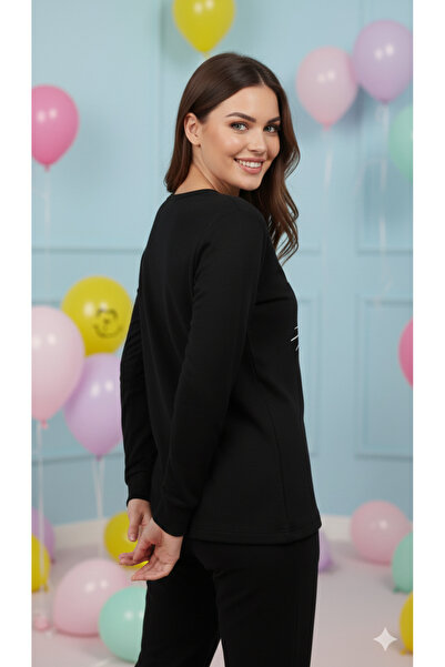 FAMES PİJAMA Winter Fleece Pajama Set Cat Embroidery