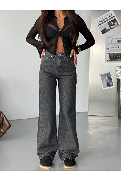 HerTon Siyah Zebra Desenli Wide Leg Denim Pantolon