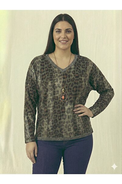 della moor Khaki Italian Plus Size Leopard Print Blouse with Necklace 42 - 48 Size