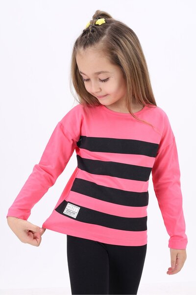 Toontoy تي شيرت مخطط بأكمام طويلة وياقة دائرية للفتيات مطبوع