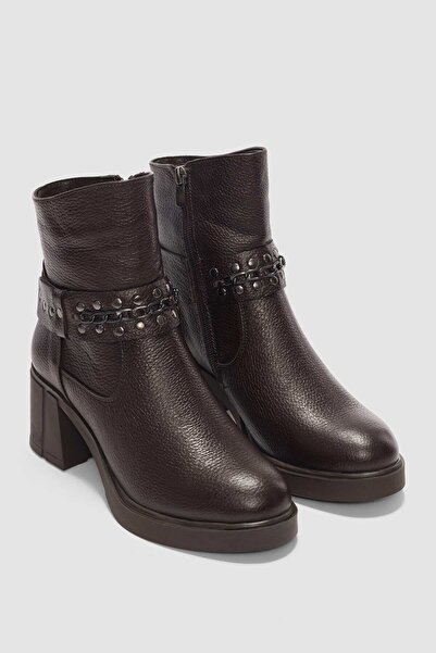 selin shoes Lorixa Genuine Leather Accessory Detailed Side Zipper Women's Boots - Brown