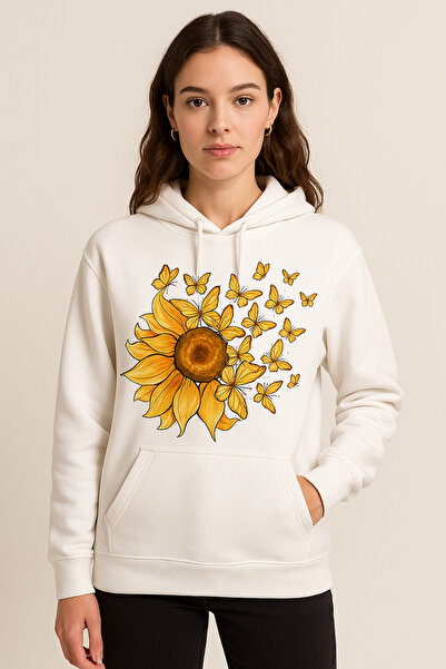 ocke White Sunflower and Butterfly Printed Kangaroo Pockets Hooded Women Hoodie