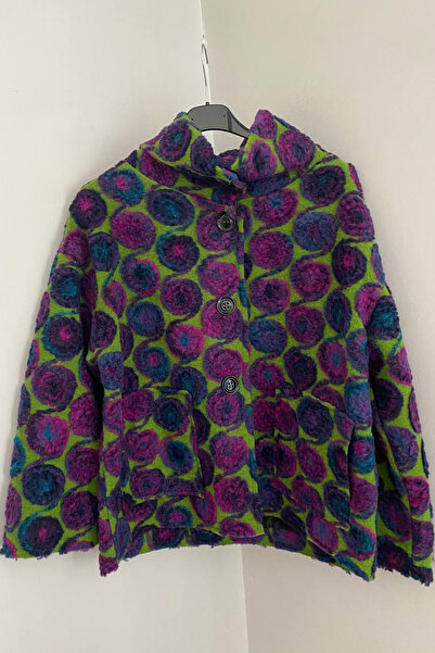 AYASOFYA OTANTIK Women's Italian Purple Spiral Pattern Buttoned Pocketed Felt Coat