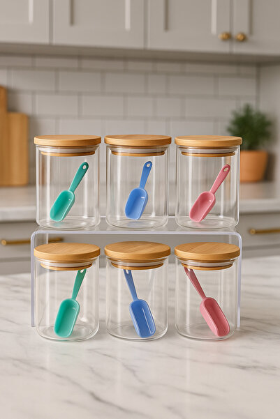 PERLAEVKAHVE Set of 6 Glass Spice Jars with Bamboo Lids – with Colored Scale Spoon, Kitchen Organization Storage Container