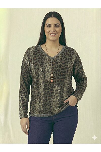 della moor Khaki Italian Plus Size Leopard Print Blouse with Necklace 42 - 48 Size