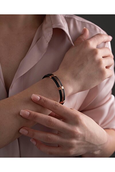 Sırlı Sepet Deri Kaplı Bakır Detaylı Manyetik Bilezik