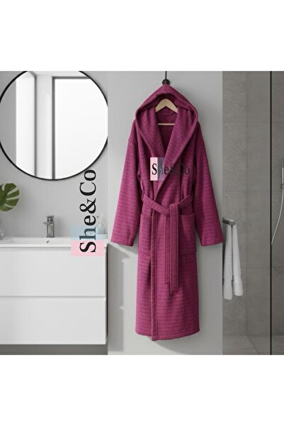 She&Co Fuchsia Hooded Corded Fabric Woven Cotton Women's Bathrobe - Soft Texture
