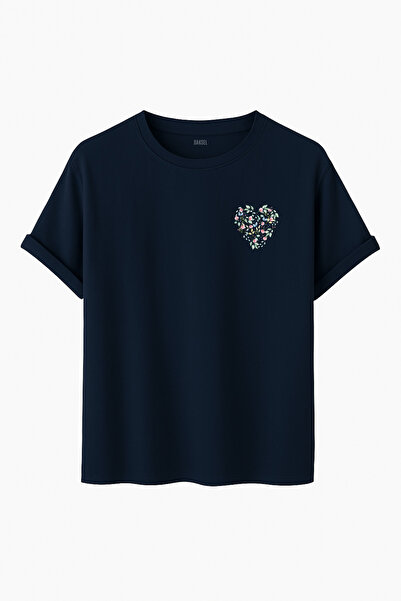 DK DAKSEL Tricou unisex cu model floral minimalist cu imprimeu cu detaliu la piept supradimensionat Regular Fit