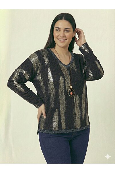 della moor Black Italian Plus Size Leopard Print Blouse with Necklace 42 - 48 Size