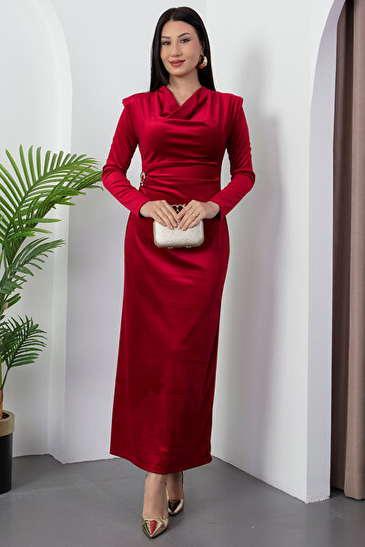 PULLIMM Degaje Collar Long Sleeve Buckled Velvet Dress 2025-4371