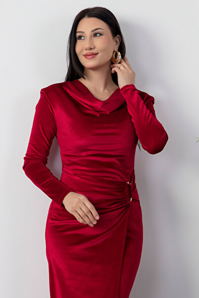 PULLIMM Degaje Yaka Shoulder Shoulder Pad Piece Long Sleeve Velvet Dress 2025-4397