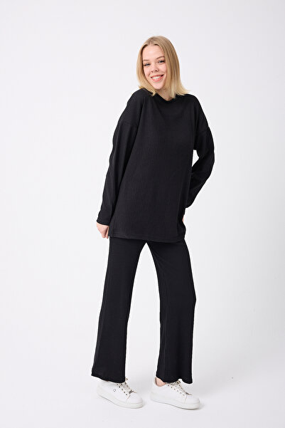 Silk & Spice طقم نسائي قماش مجدّل من القماش المحبوك بأكمام خفاش وياقة دائرية واسع الأرجل O قصة فضفاضة مريح ومصمم بشكل مريح