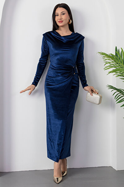 PULLIMM decolteu larg Rochie din catifea cu mâneci lungi, cu umăr pernițe pentru umeri în sus, 2025-4397