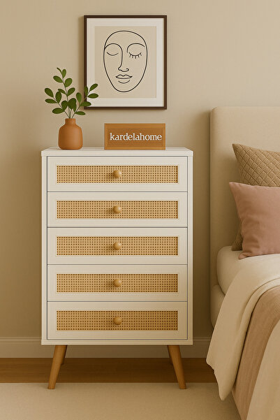Kardelahome Kardela %100 MDF Şifonyer 5 Çekmeceli Jüt Kumaşlı Şifonyer