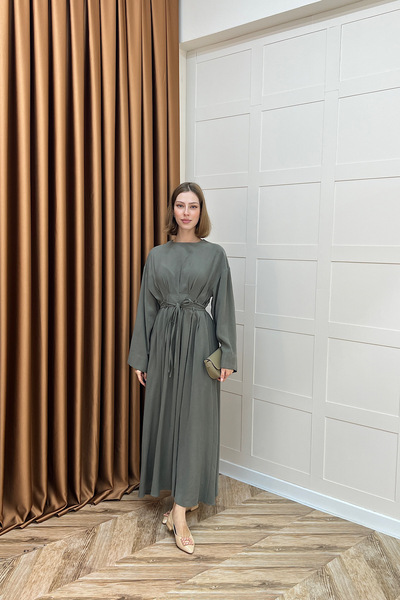 Stilife Belden Bağlamalı Cupra Elbise Yeşil