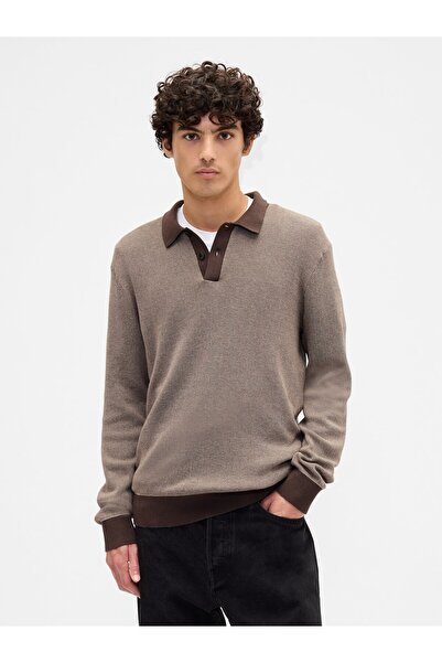 GAP Erkek Kahverengi Relaxed Textured Polo Kazak Gömlek