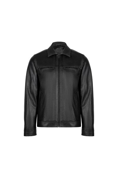 Desa Men's Black Shirt Collar Leather Jacket