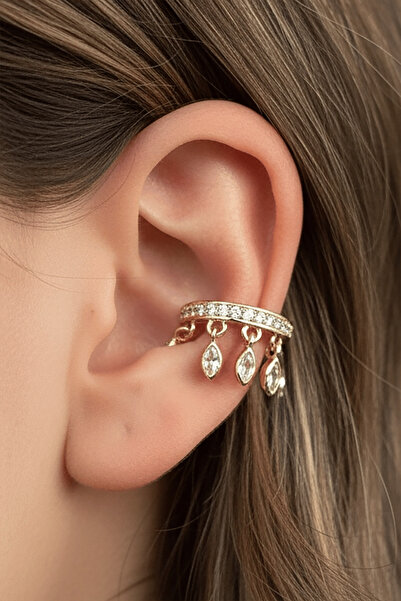 TAKIŞTIR Altın Renk Taş Detaylı 14K Altın Kaplama TX Ear Cuff (Tek)